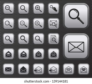 magnifier, zoom, search and envelope vector web icons buttons set on metal plates