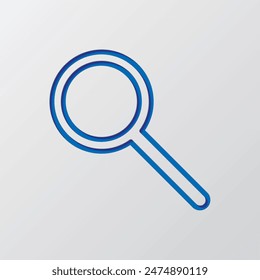 Magnifier, zoom simple icon vector. Flat design. Paper cut design. Cutted blue symbol with shadow. Gray background.ai