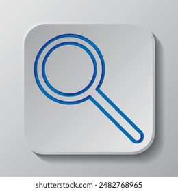 Magnifier, zoom simple icon vector. Flat design. Paper cut design. Cutted blue symbol with shadow. Gray badge button, gray background.ai