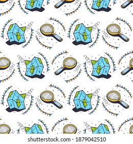 Magnifiers and maps. Seamless pattern on a white background. Cute vector illustration.