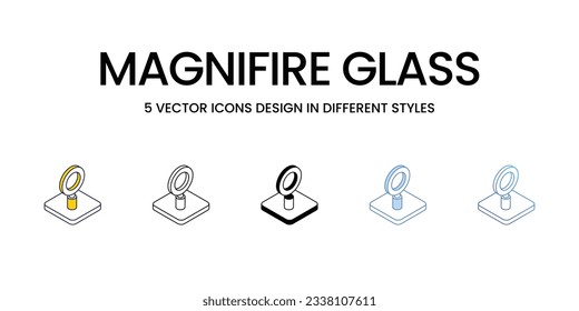 Magnifire Glass Icon Design in Five style with Editable Stroke. Line, Solid, Flat Line, Duo Tone Color, and Color Gradient Line. Suitable for Web Page, Mobile App, UI, UX and GUI design.