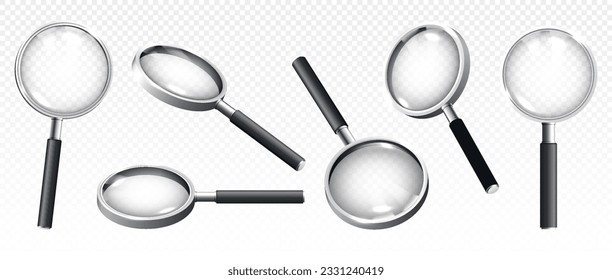 Magnifiying glass black set. Loupes for investigations and researching. Zoom equipment of different angles on copy space. Realistic isometric vector collection isolated on transparent background