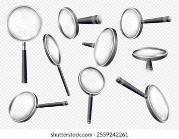 Magnifiying glass black set. Loupes for investigations and researching. Zoom equipment of different angles on copy space. Realistic isometric vector collection isolated on transparent background