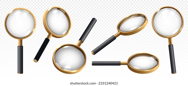 Magnifiying glass gold set. Magnifiers for criminal investigations. Zoom equipment of different angles. Realistic isometric vector collection isolated on transparent background