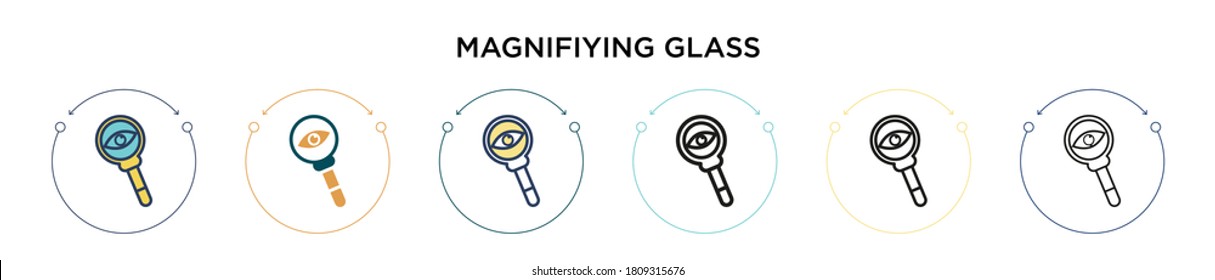 Magnifiying glass icon in filled, thin line, outline and stroke style. Vector illustration of two colored and black magnifiying glass vector icons designs can be used for mobile, ui, web