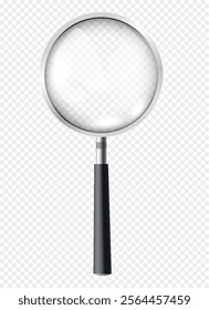 Magnifiying glass. Loupe for investigations and researching. Zoom equipment on copy space. Realistic isometric vector isolated on transparent background