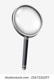 Magnifiying glass. Loupe for investigations and researching. Zoom equipment on copy space. Realistic isometric vector isolated on transparent background