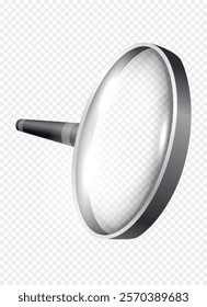 Magnifiying glass. Loupe for investigations and researching. Zoom equipment on copy space. Realistic isometric vector isolated on transparent background