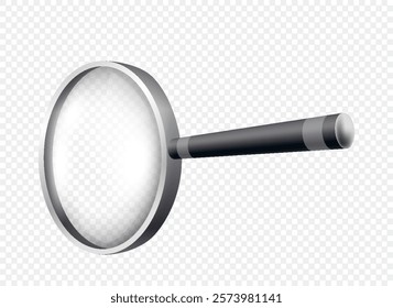 Magnifiying glass. Loupe for investigations and researching. Zoom equipment on copy space. Realistic isometric vector isolated on transparent background