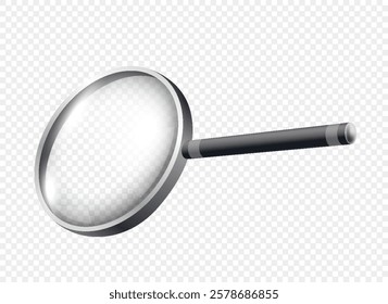 Magnifiying glass. Loupe for investigations and researching. Zoom equipment on copy space. Realistic isometric vector isolated on transparent background