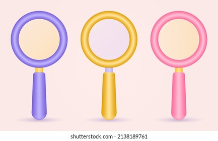 Magnify 3d icon set. Magnifying glass or loupe sign. Search, find symbol. Vector illustration.