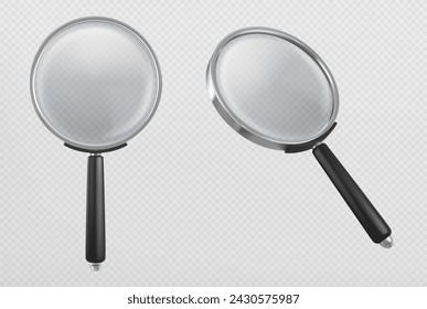 Magnify glass in different view angles. Realistic vector set of metal loupe with plastic handle and transparent enlarge lens for search or focus concept. Optical equipment for magnification and zoom.