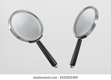 Magnify glass in different view angles. Realistic vector set of metal loupe with plastic handle and transparent enlarge lens for search or focus concept. Optical equipment for magnification and zoom.