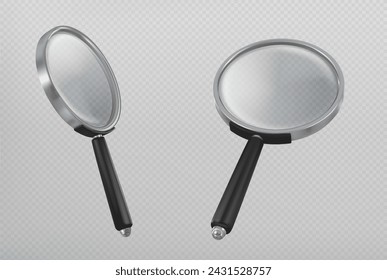 Magnify glass in different view angles. Realistic vector set of metal loupe with plastic handle and transparent enlarge lens for search or focus concept. Optical equipment for magnification and zoom.