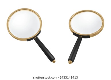 Magnify glass in different view angles. Realistic vector set of metal loupe with plastic handle and transparent enlarge lens for search or focus concept. Optical equipment for magnification and zoom.