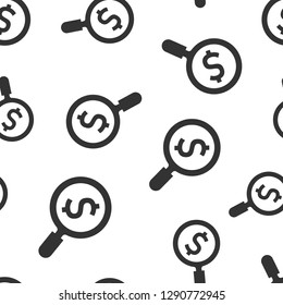 Magnify glass with dollar icon seamless pattern background. Loupe, money vector illustration. Search bill symbol pattern.