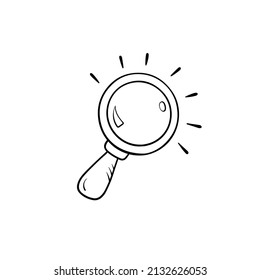 Magnify glass in doodle style, hand drawn sketch. Search symbol icon in cartoon style, vector illuistration. Isolated element on a white background for print and design. Lupe tool for detective