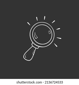 Magnify glass in doodle style, hand drawn sketch. Search symbol icon in cartoon style, vector illuistration. Isolated element on a black background for print and design. Lupe tool for detective