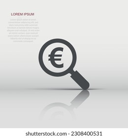 Magnify glass with euro sign icon in flat style. Loupe, money vector illustration on white isolated background. Search bill business concept.