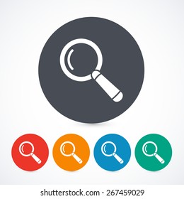 Magnify glass icons isolated on with background. Circle buttons. 5 different colors.