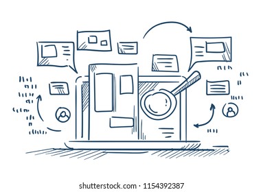 magnify glass search information on laptop internet browsing concept on white background sketch doodle vector illustration