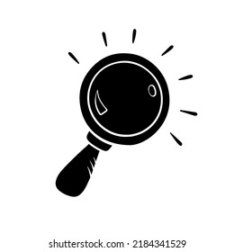 Magnify glass silhouette in simple style, hand drawn sketch. Search symbol in cartoon style, vector illuistration. Isolated element on white background for print and design. Lupe tool for detective
