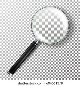 Magnify Glass Vector. Realistic Magnifying Glass. Zoom And Focus. Looking Object. Tool With Lens. Isolated On Checkered Background Illustration. 