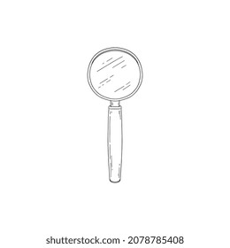 Magnify Glass Vintage Vector Sketch. Magnifying Glass Line Hand Drawn Doodle Illustration, Isolated On White Background. Lupe Lens Icon.