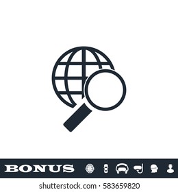 Magnify globe icon flat. Black pictogram on white background. Vector illustration symbol and bonus button