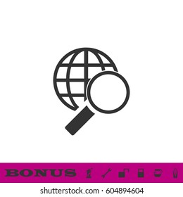 Magnify globe icon flat. Black pictogram on white background. Vector illustration symbol and bonus button