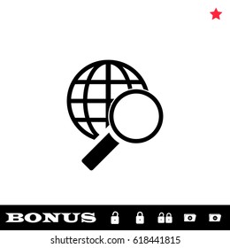 Magnify globe icon flat. Black pictogram on white background. Vector illustration symbol and bonus button open and closed lock, folder, star
