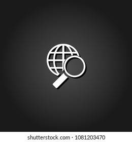 Magnify globe icon flat. Simple White pictogram on black background with shadow. Vector illustration symbol