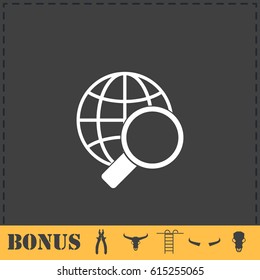 Magnify globe icon flat. Simple vector symbol and bonus icon