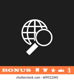 Magnify globe icon flat. White pictogram on black background. Vector illustration symbol and bonus button tooth, vase, star, mirror, bottle