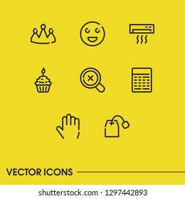 Magnify icon with crown, tea packet and calculator symbols. Set of search, conditioner, accounting icons and calculate concept. Editable vector elements for logo app UI design.