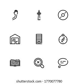 Magnify icon with open book, arm and television symbols. Set of building, music, depot icons and geography concept. Editable vector elements for logo app UI design.