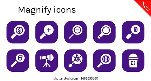 magnify icon set. 10 filled magnify icons. Included Search, Zoom in, Zoom out, Magnifying glass, Loupe, Telescope, Glass icons