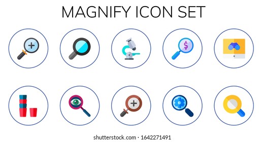 magnify icon set. 10 flat magnify icons.  Simple modern icons such as: zoom in, glass, search, microscope, magnifying glass