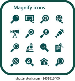 magnify icon set. 16 filled magnify icons.  Simple modern icons about  - Search, Telescope, Magnifying glass, Loupe, Spyglass, Zoom, Microscope, Zoom out
