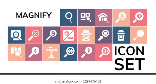  magnify icon set. 19 filled magnify icons. Simple modern icons about  - Zoom, Search, Telescope, Magnifying glass, Detective, Glass