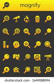 magnify icon set. 26 filled magnify icons. Included Search, Telescope, Microscope, Glass, Magnifying glass, Zoom out icons