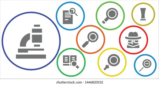 magnify icon set. 9 filled magnify icons.  Collection Of - Microscope, Search, Magnifying glass, Loupe, Zoom, Detective, Glass, Zoom out
