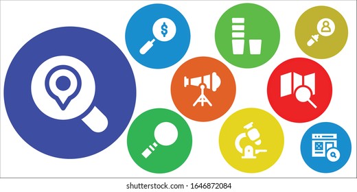 magnify icon set. 9 filled magnify icons.  Simple modern icons such as: Search, Glass, Magnifying glass, Microscope, Telescope