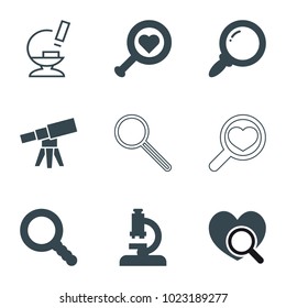 Magnify icons. set of 9 editable filled and outline magnify icons such as heart search, microscope, search, telescope