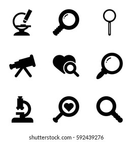 magnify icons set. Set of 9 magnify filled icons such as heart search, microscope, magnifier, search