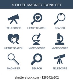 magnify icons. Trendy 9 magnify icons. Contain icons such as telescope, heart search, search, microscope, magnifier. magnify icon for web and mobile.