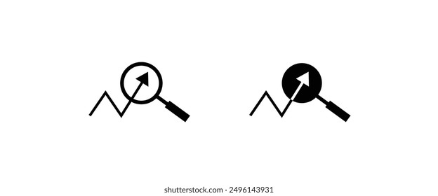 Magnify magnifying glass zoom pointer showing rising chart bar graph,  arrow up, research investment growth line and flat icons set, editable stroke isolated on white, linear vector outline