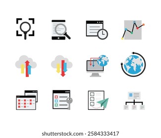 Magnify scan Icon, Mobile search, data analysis financial ,  Growth progress arrow, Cloud upload, Cloud Download, Internet network communication web, Globe Related Icon, Sitemap icon, Checklist 