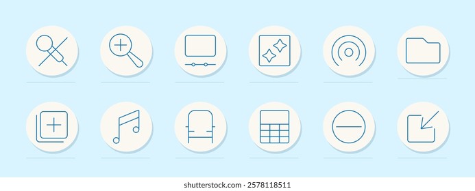 Magnify and tools set icon. Magnifying glass, cross, focus, folder, note, music, pie chart, file, radio waves. Represent searching, organizing, and editing tools