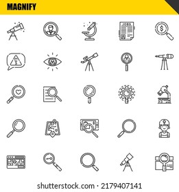 magnify vector line icons set. telescope, street map and magnifying glass Icons. Thin line design. Modern outline graphic elements, simple stroke symbols stock illustration